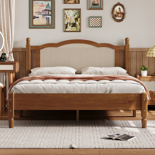 Maribel Rattan Platform Queen Bed, Walnut