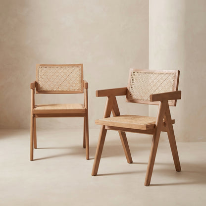 Ainsley Rattan & Wood Dining Arm Chairs, Set of 2