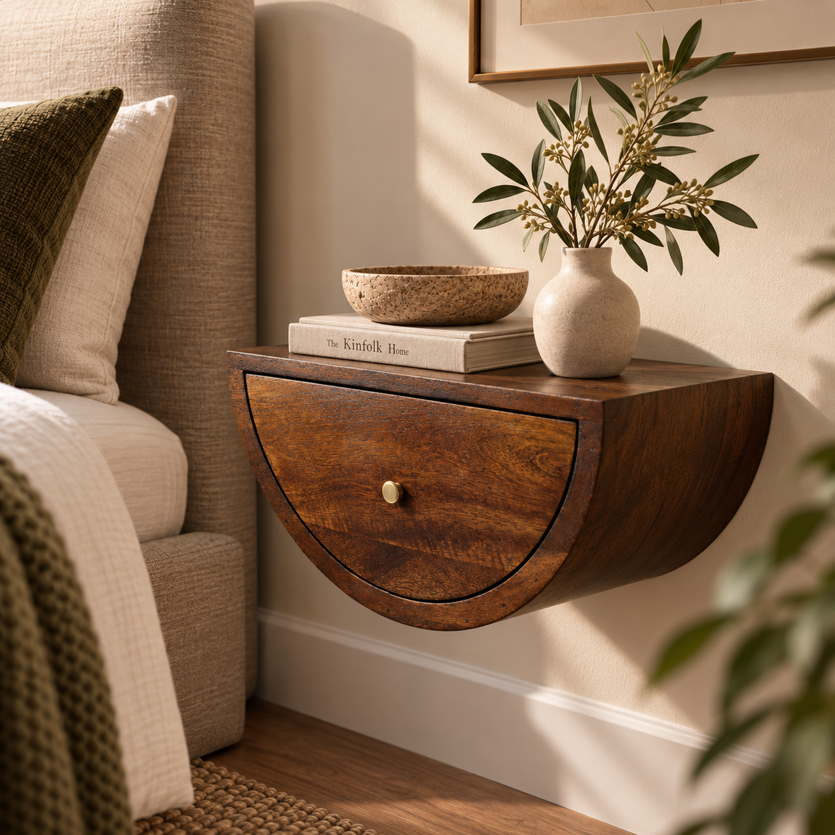 Amara Crescent Floating Nightstand, Chestnut
