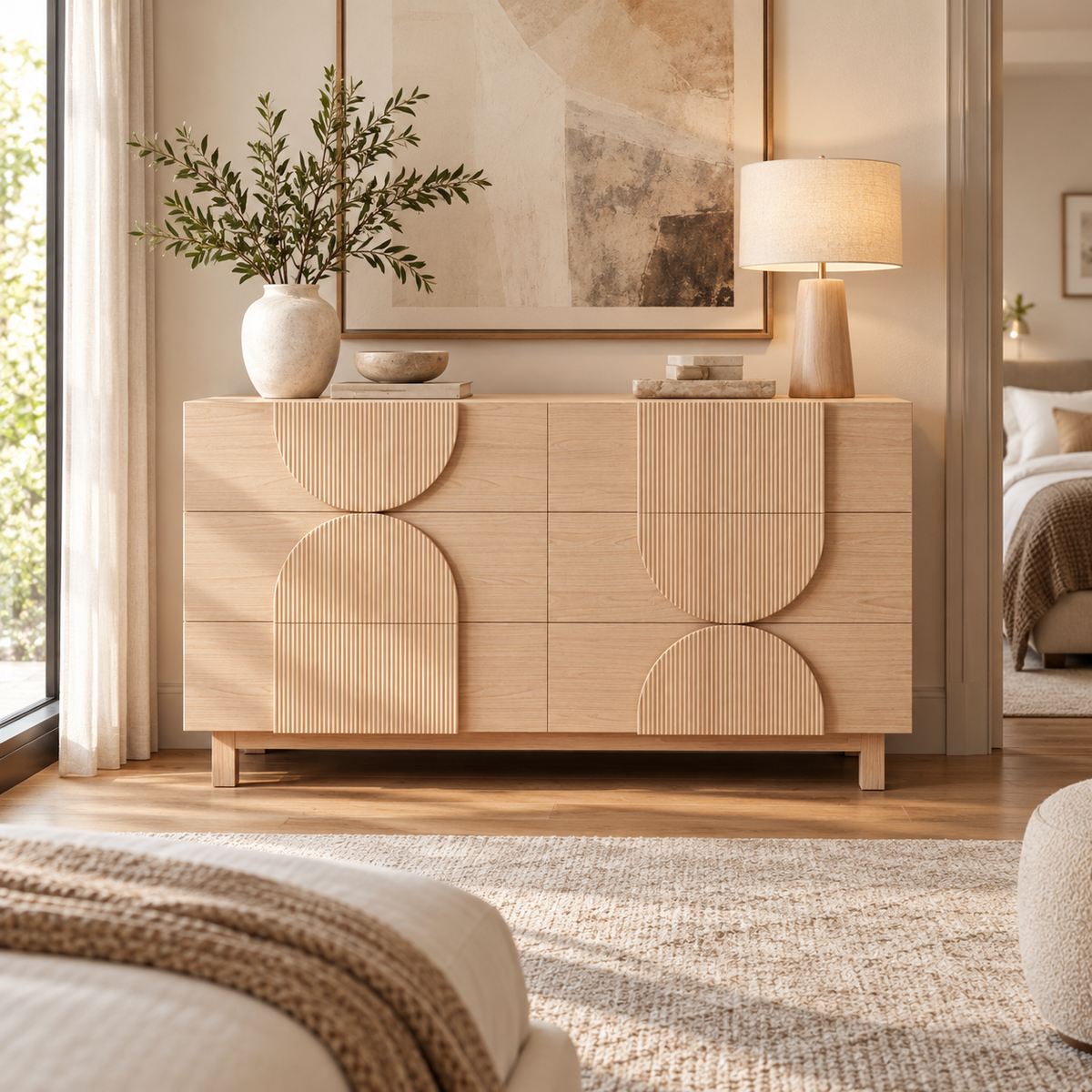 Amara Sculptural 6-Drawer Dresser, Natural Oak Look