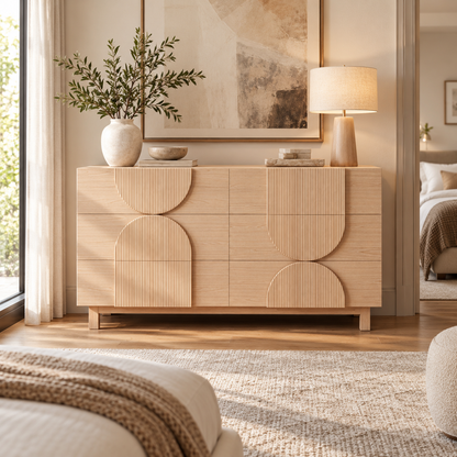 Amara Sculptural 6-Drawer Dresser, Natural Oak Look