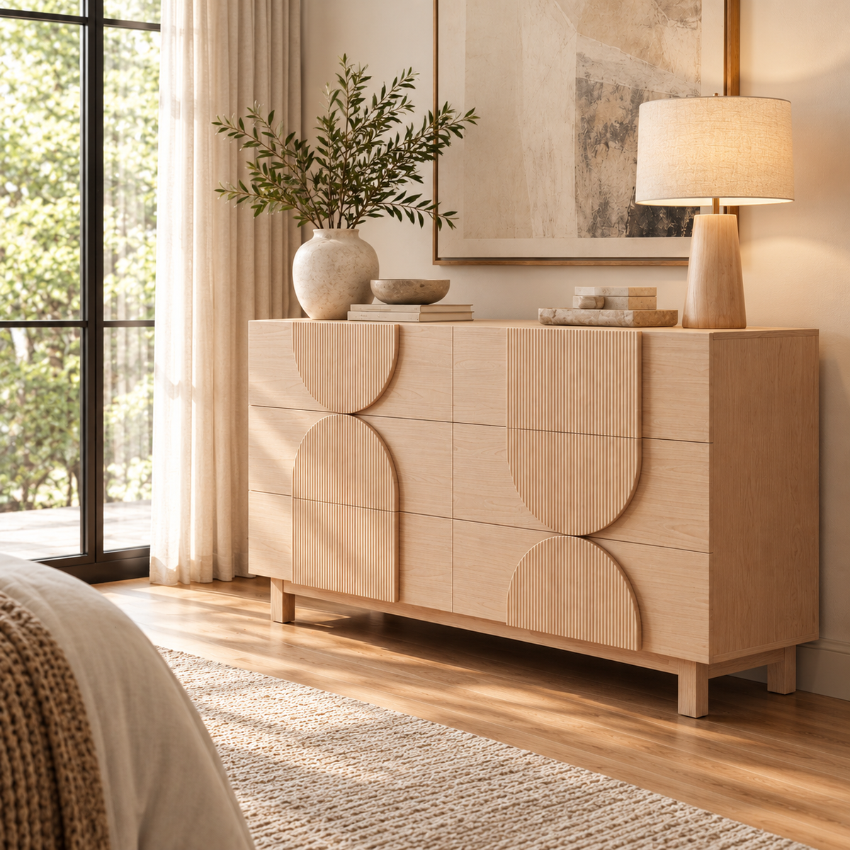 Amara Sculptural 6-Drawer Dresser, Natural Oak Look