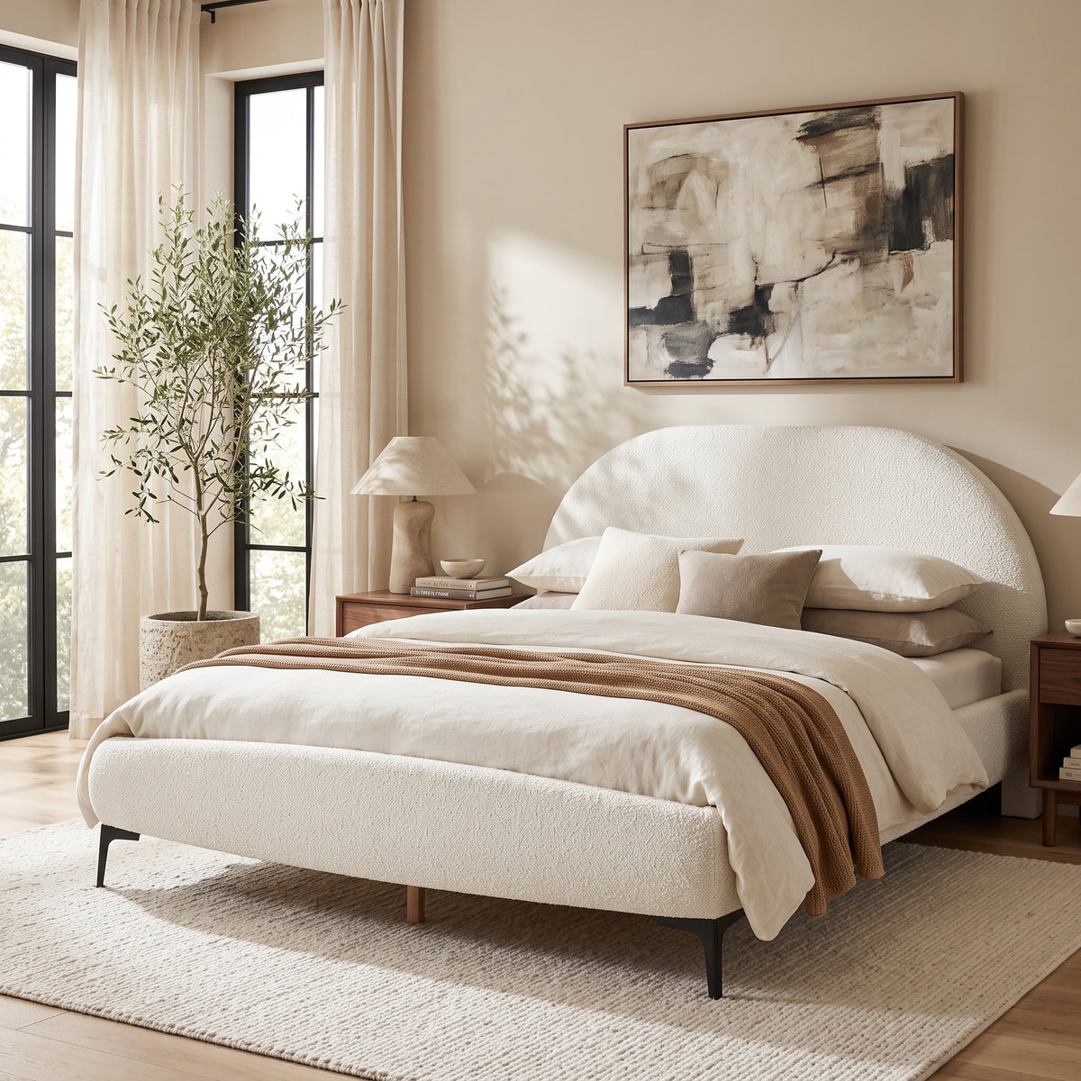 Amara Upholstered Queen Bed, Ivory Bouclé