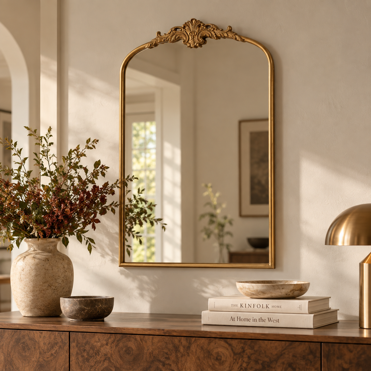 Amelie Ornate Arched Wall Mirror, Antique Gold
