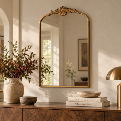 Amelie Ornate Arched Wall Mirror, Antique Gold
