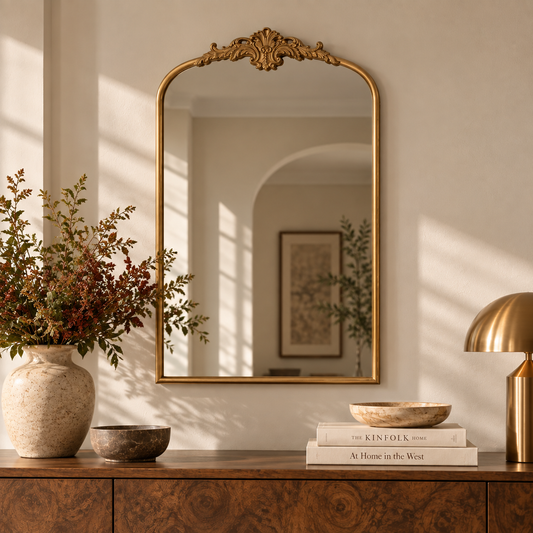 Amelie Ornate Arched Wall Mirror, Antique Gold