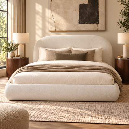 Archie Curved Upholstered Platform Queen Bed, Almond White