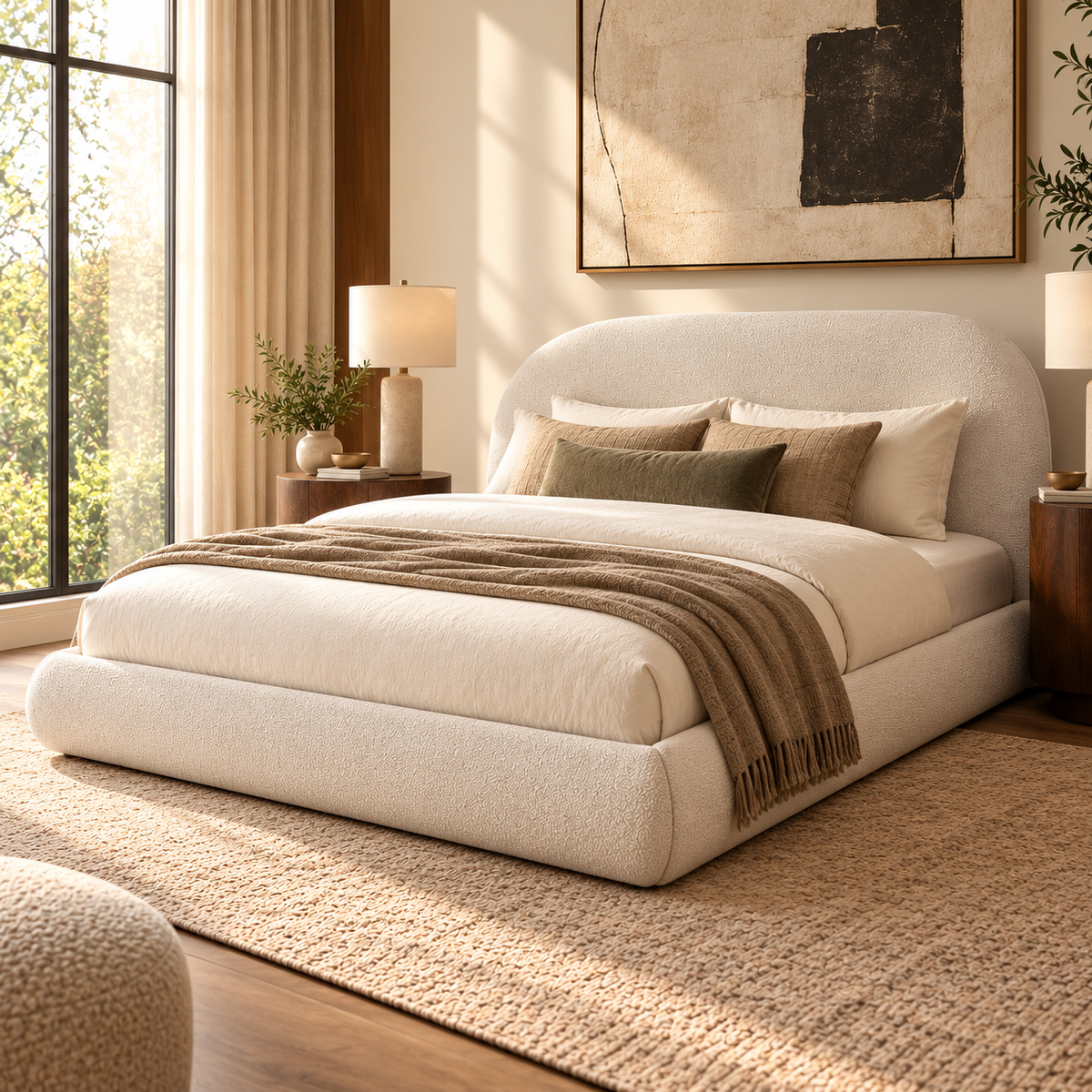 Archie Curved Upholstered Platform Queen Bed, Almond White
