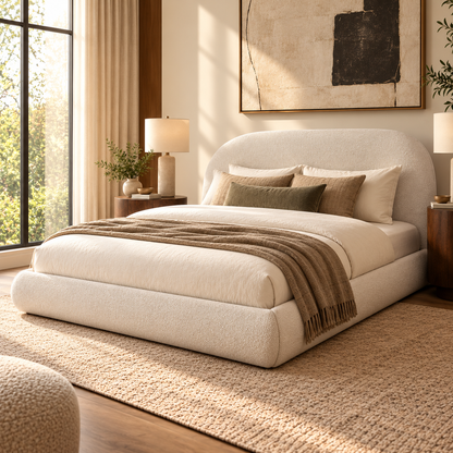 Archie Curved Upholstered Platform Queen Bed, Almond White