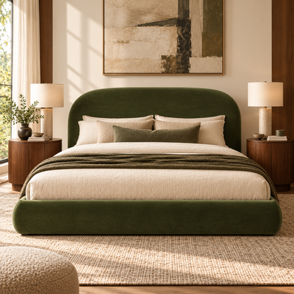 Archie Curved Upholstered Platform Queen Bed, Olive Green