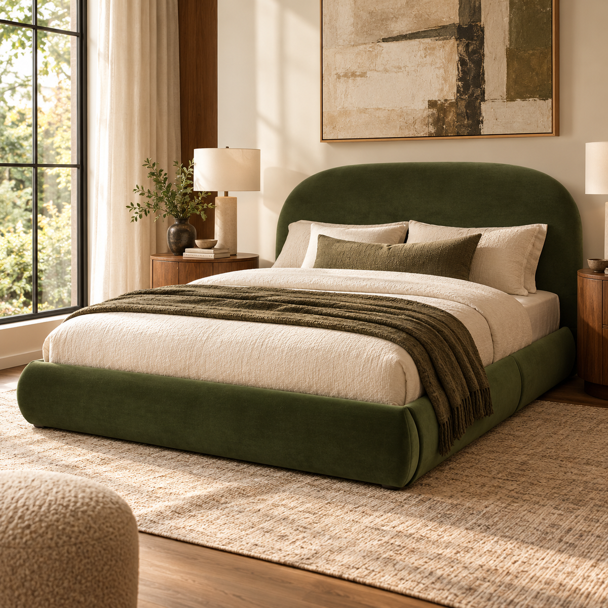 Archie Curved Upholstered Platform Queen Bed, Olive Green