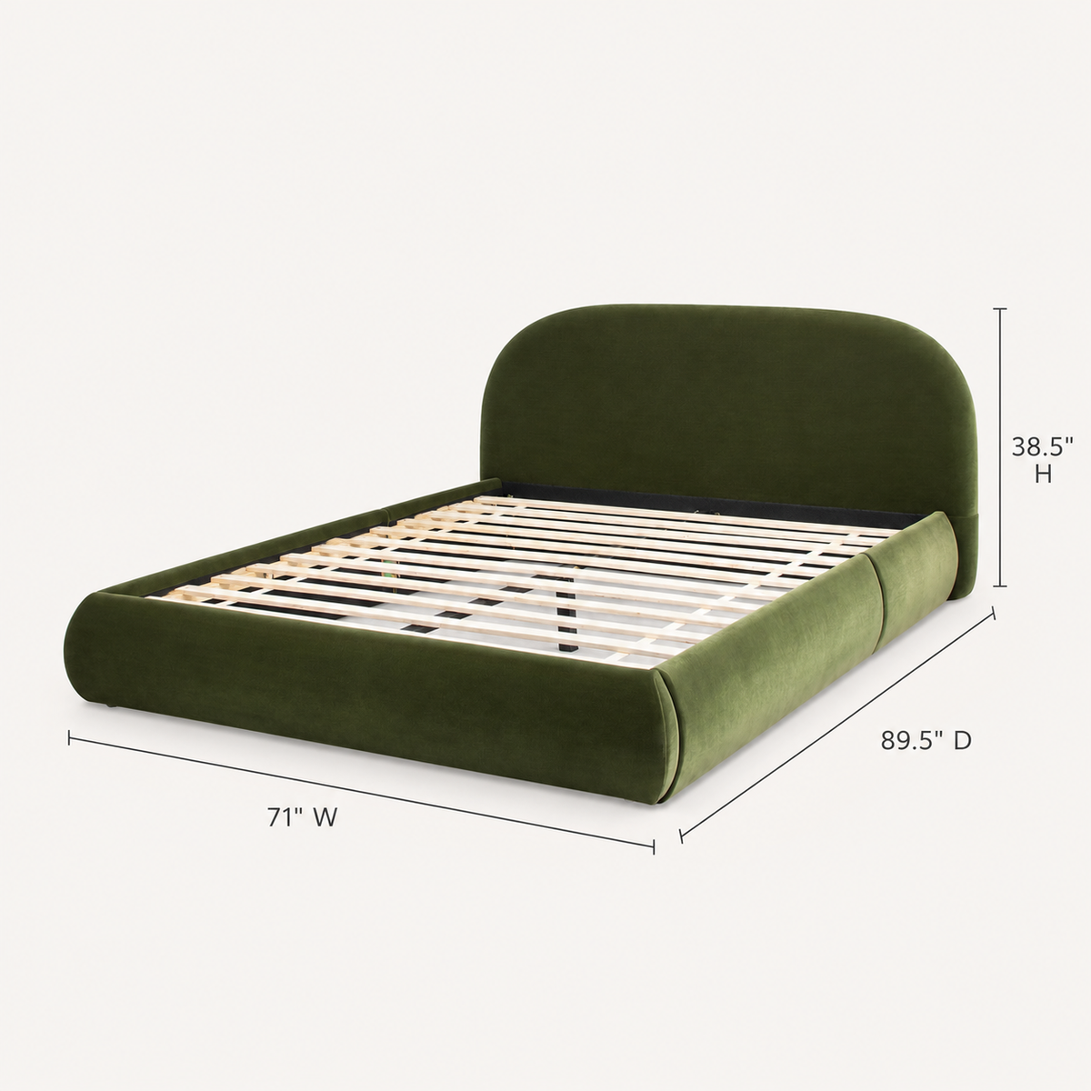 Archie Curved Upholstered Platform Queen Bed, Olive Green