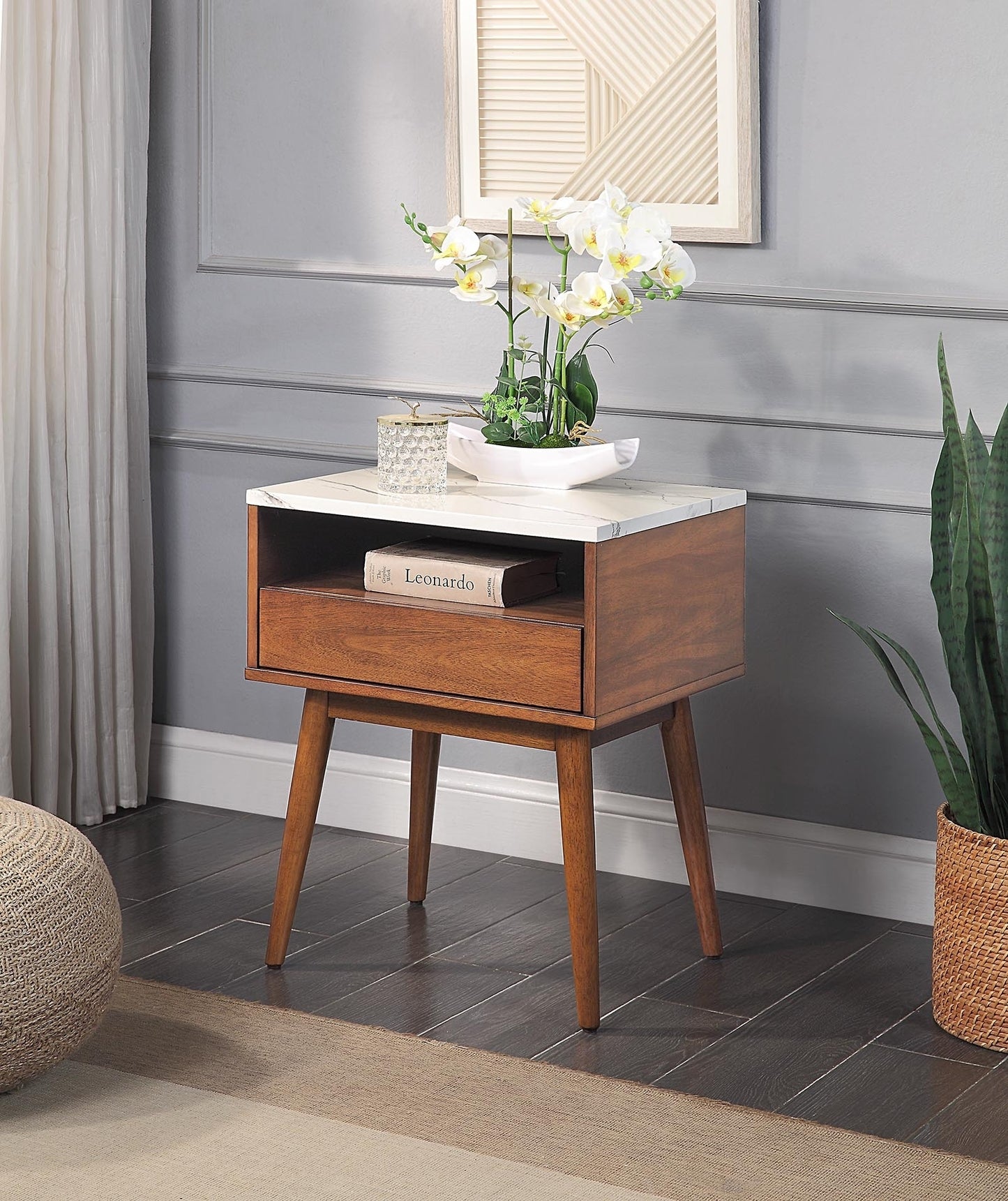Walnut Finish End Table with Faux Marble