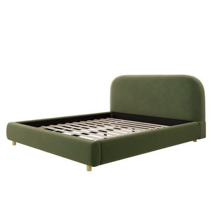 Aveline Velvet Platform Queen Bed, Olive Green