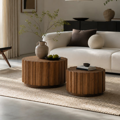 Fluted Walnut Nesting Coffee Tables, Set of 2