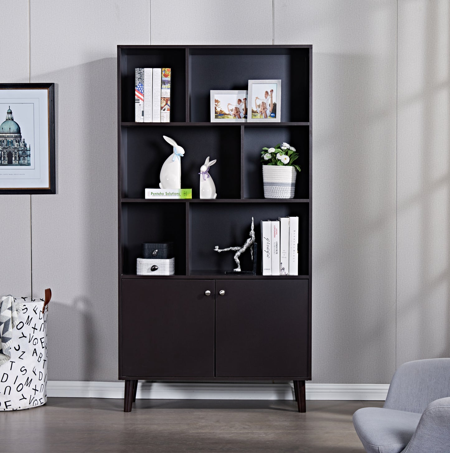 Reese 67" Coffee Wood Bookcase with Cabinet Doors