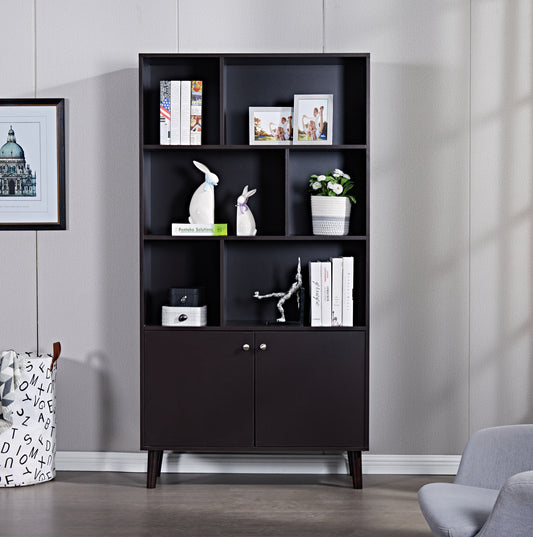 Reese 67" Coffee Wood Bookcase with Cabinet Doors