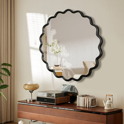 Solid Wood Wavy Round Mirror – 42” Black Finish