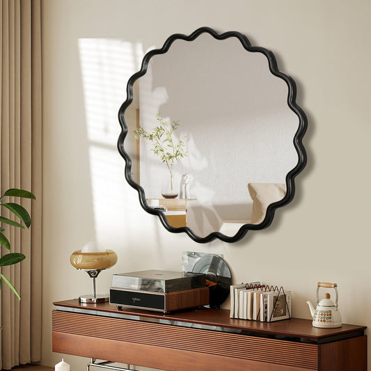 Solid Wood Wavy Round Mirror – 42” Black Finish