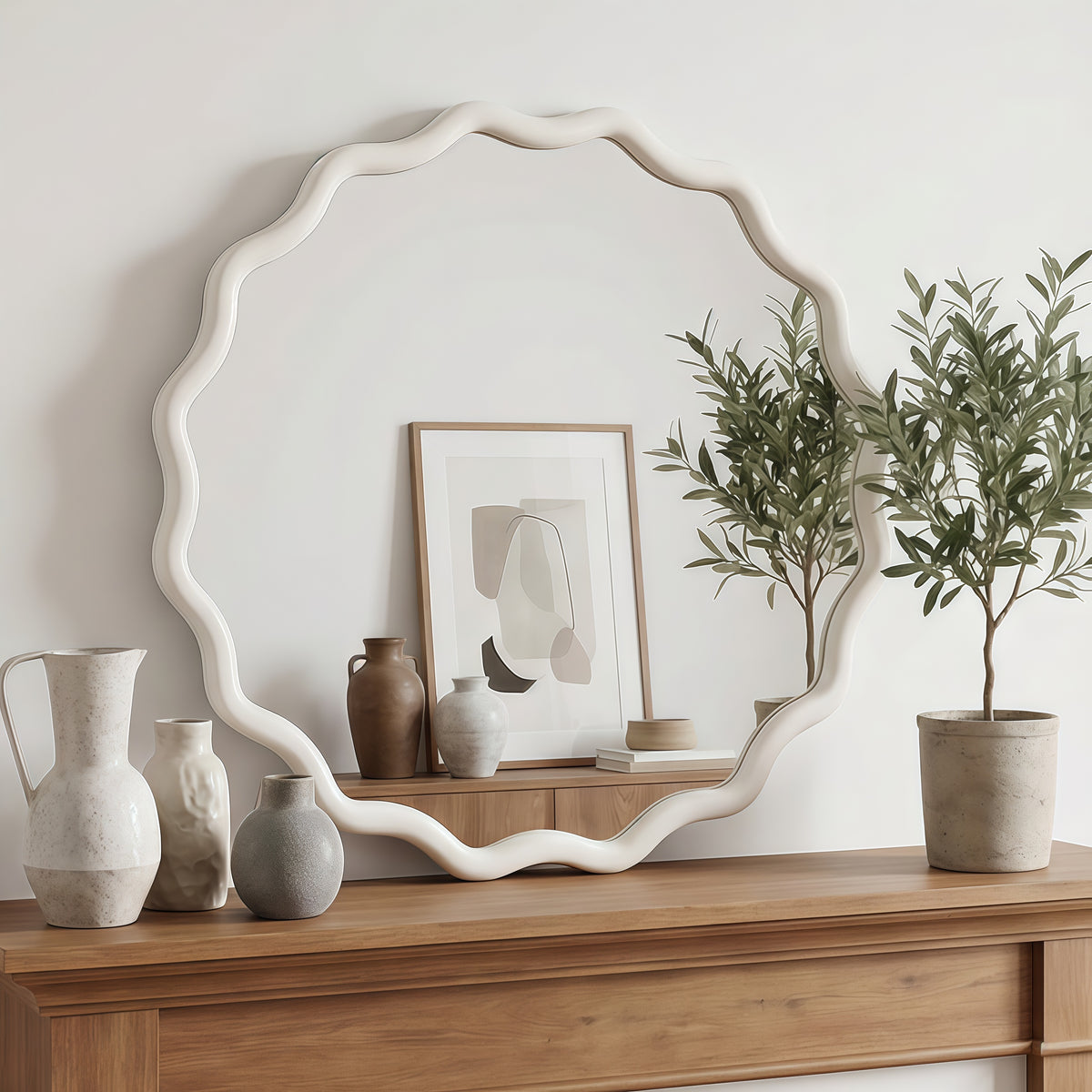 Marielle Wavy Wood Frame Mirror, White
