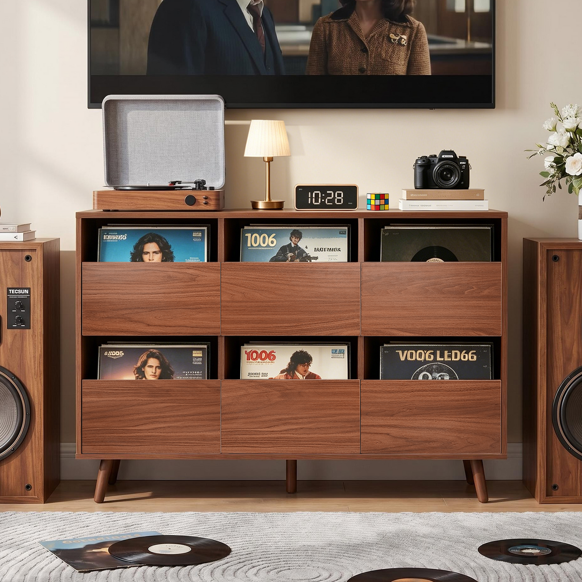 Rowan Vinyl Record Storage Cabinet, Walnut Finish