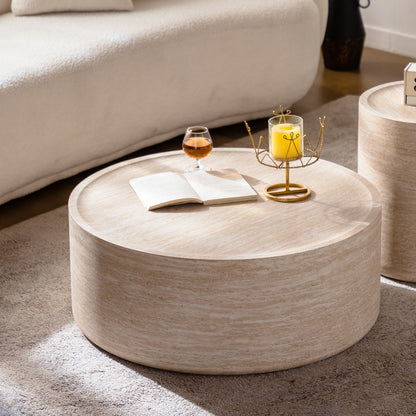 Solenne Travertine-Style Round Drum Coffee Table