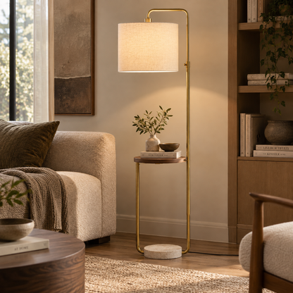 Celeste Brass Floor Lamp with Charging Shelf