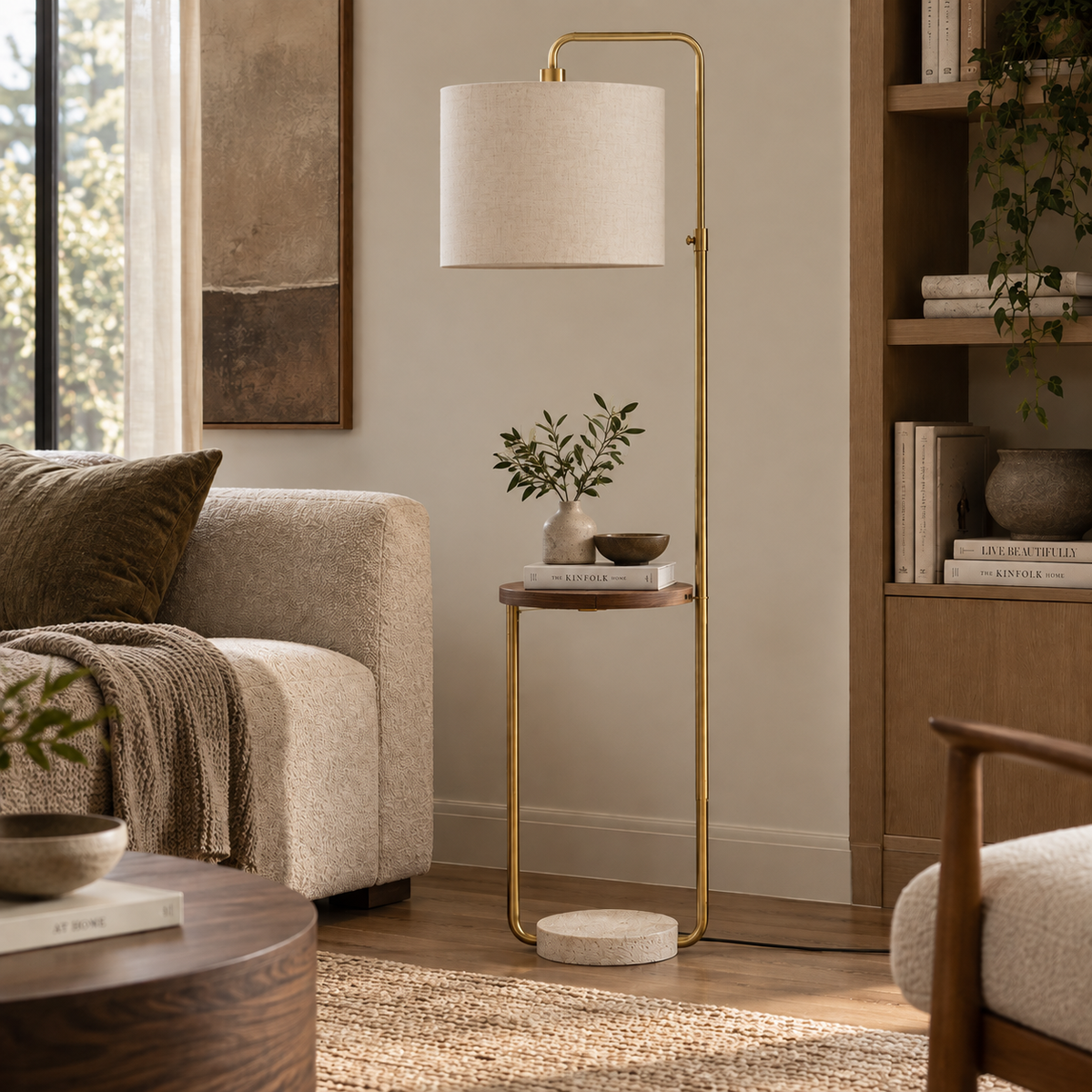 Celeste Brass Floor Lamp with Charging Shelf