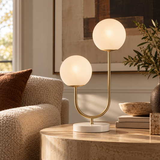 Celeste Double Globe Table Lamp, Brass & White