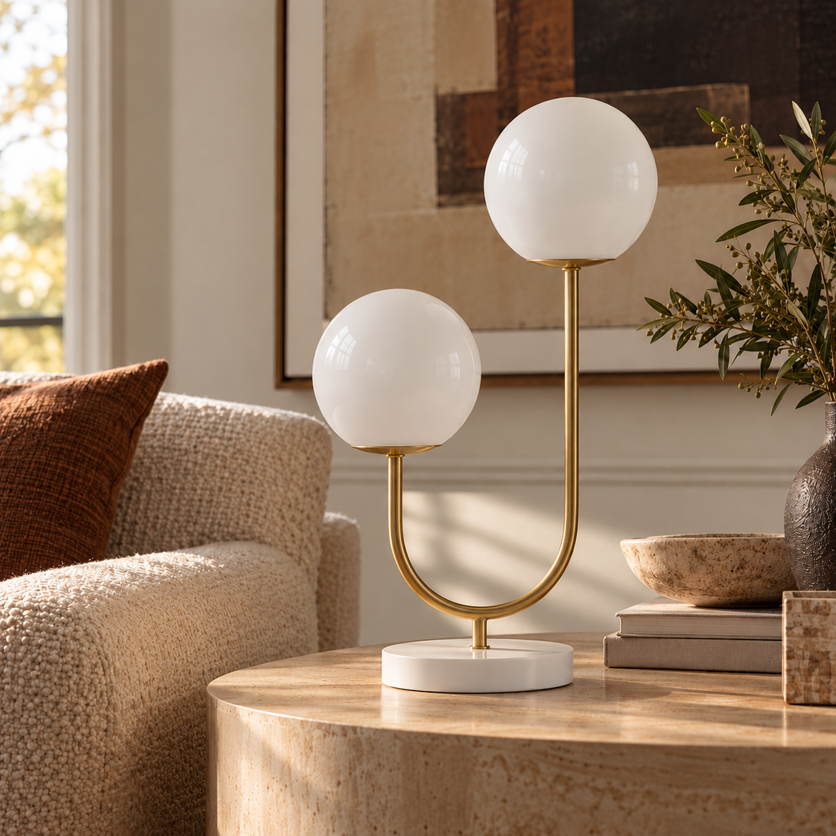 Celeste Double Globe Table Lamp, Brass & White