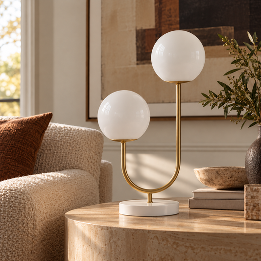 Celeste Double Globe Table Lamp, Brass & White
