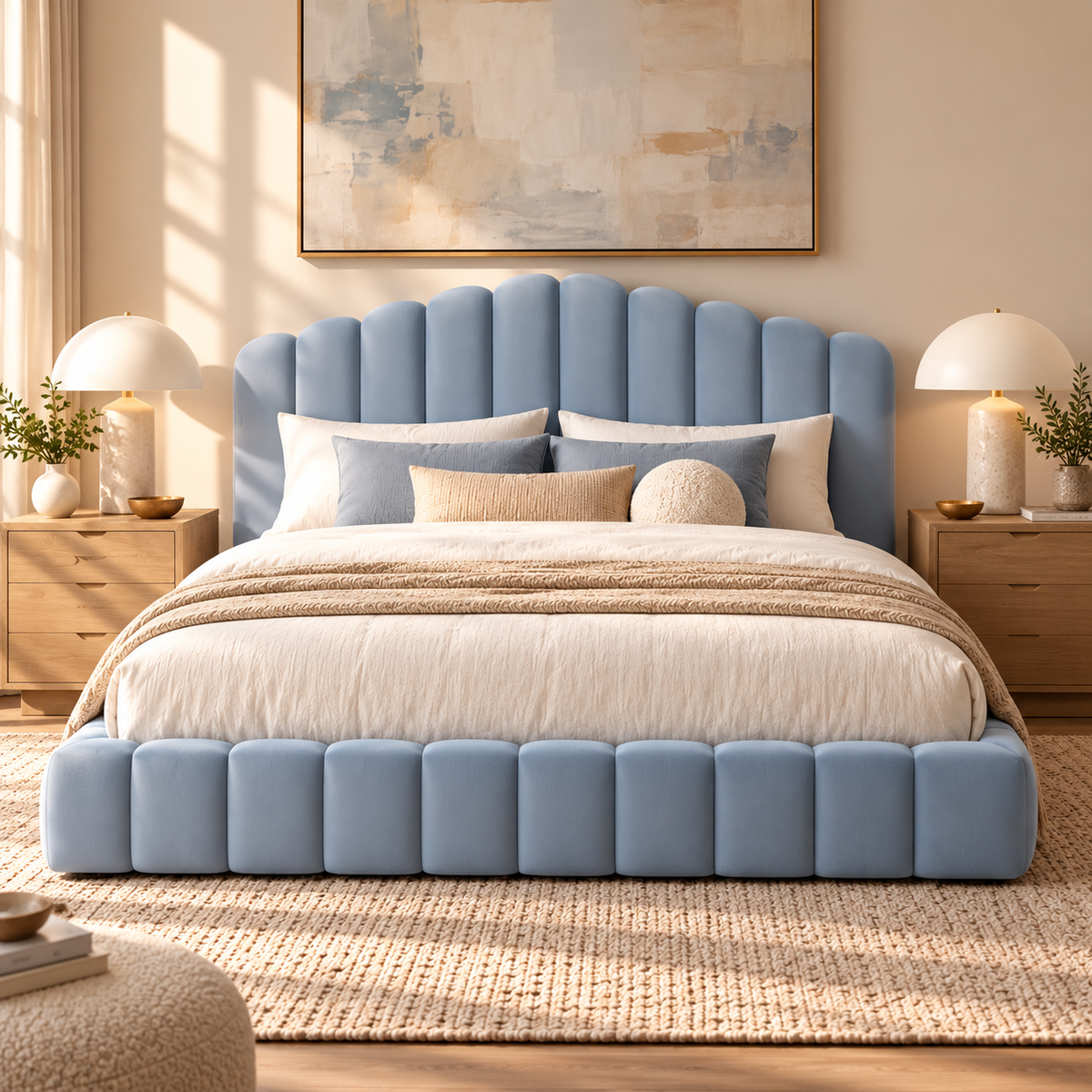 Celeste Scalloped Velvet Upholstered Platform Queen Bed, Light Blue
