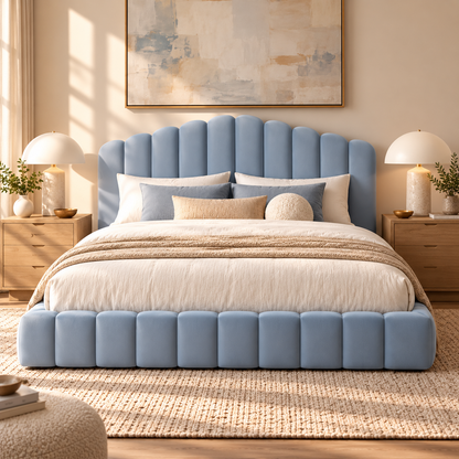 Celeste Scalloped Velvet Upholstered Platform Queen Bed, Light Blue