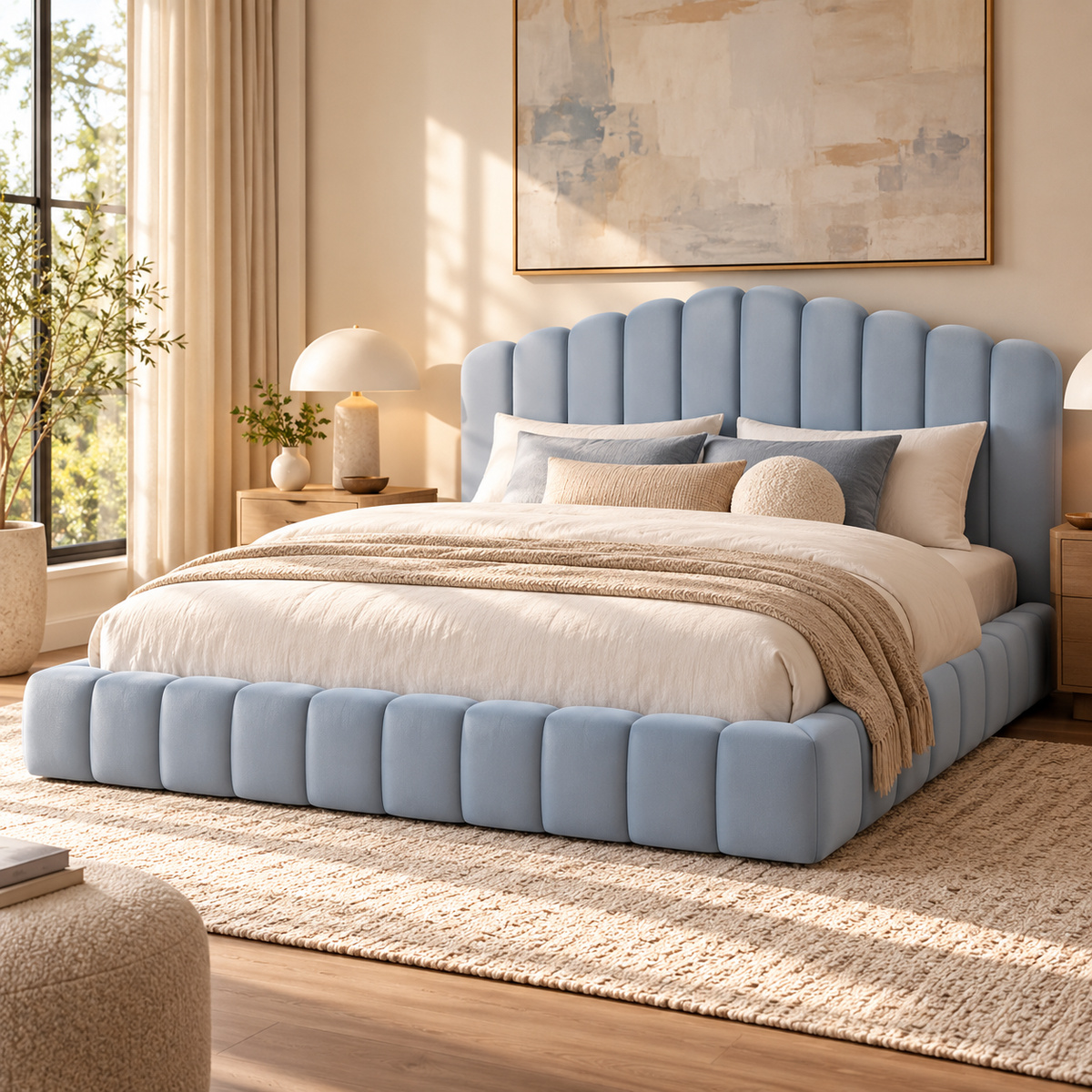 Celeste Scalloped Velvet Upholstered Platform Queen Bed, Light Blue