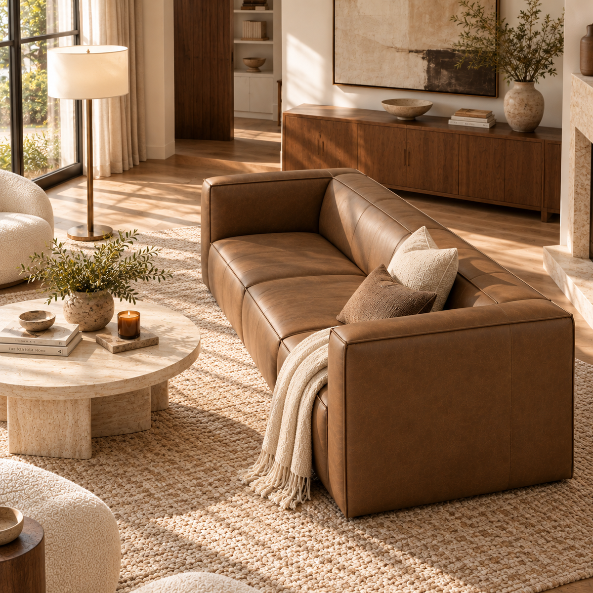 Colton Low-Profile Leather Sofa, Saddle Tan