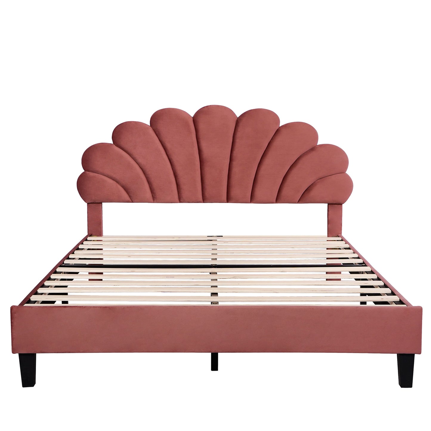 Pearl Velvet Upholstered Platform Queen Bed, Terracotta Red