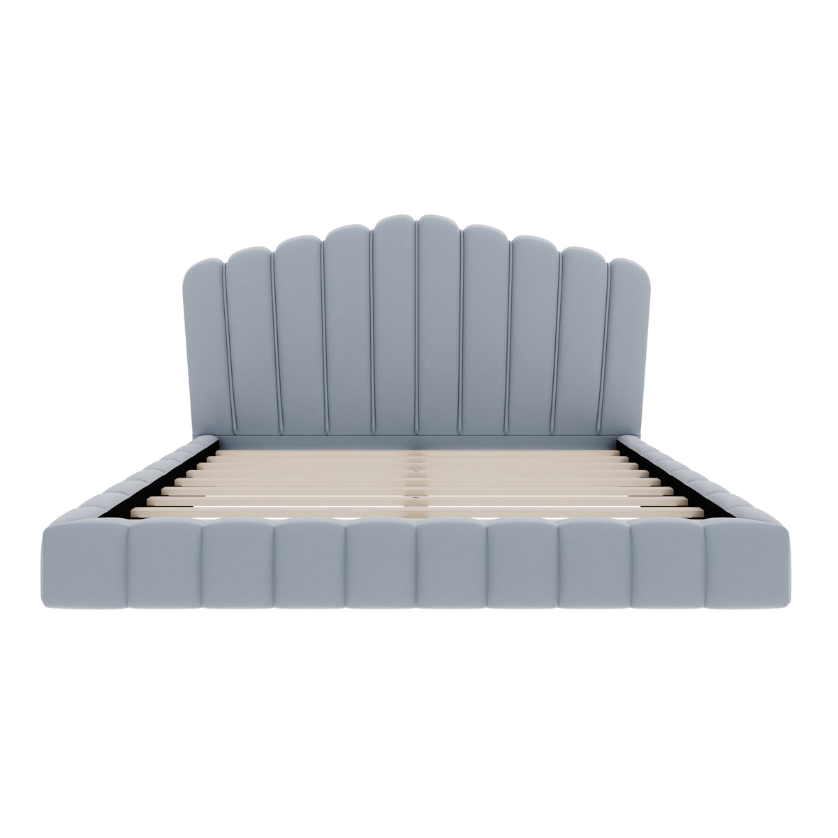 Celeste Scalloped Velvet Upholstered Platform Queen Bed, Light Blue