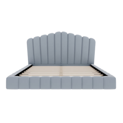Celeste Scalloped Velvet Upholstered Platform Queen Bed, Light Blue