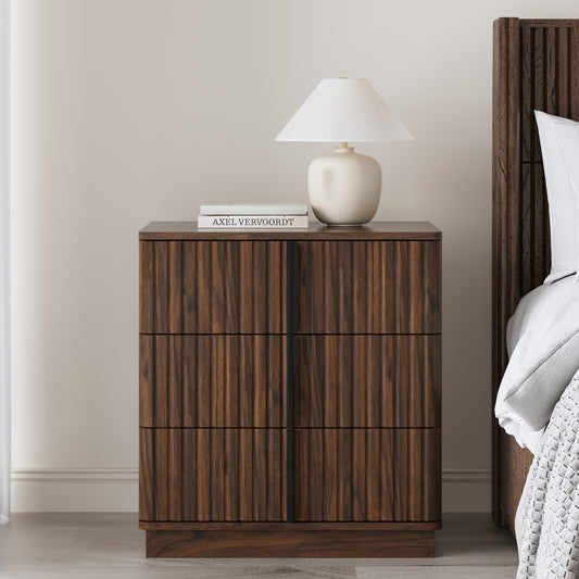 Callan Fluted 3-Drawer Nightstand, Walnut