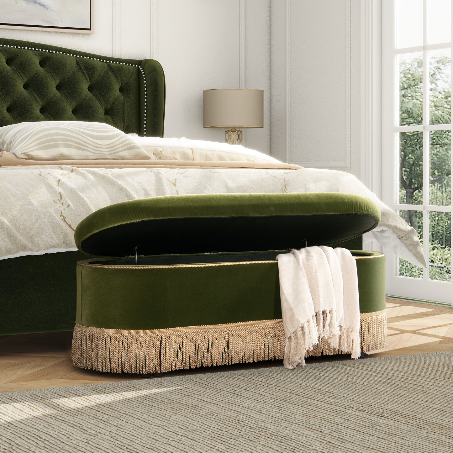 Melinda Oval Tufted Fringe Storage Bench, Olive Green