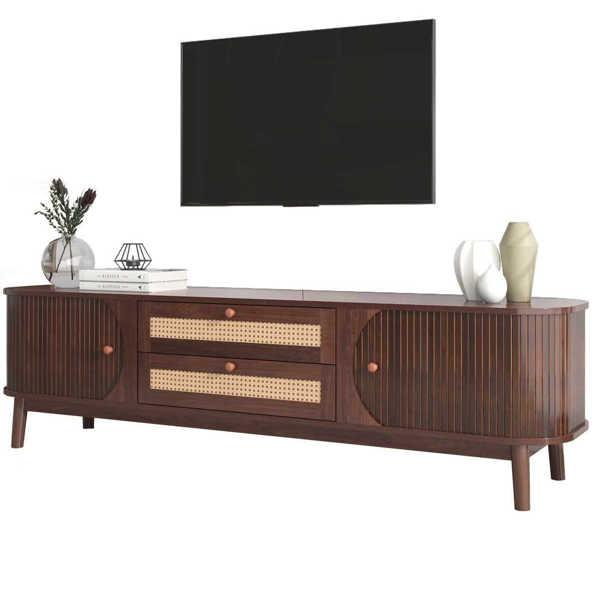 Milo Fluted Rattan Media Credenza, Walnut Brown