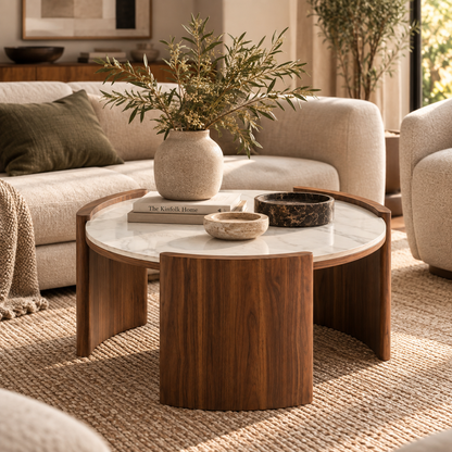 Elio Round Stone Coffee Table, Walnut