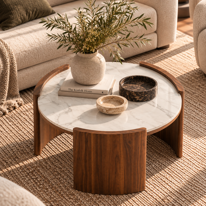 Elio Round Stone Coffee Table, Walnut