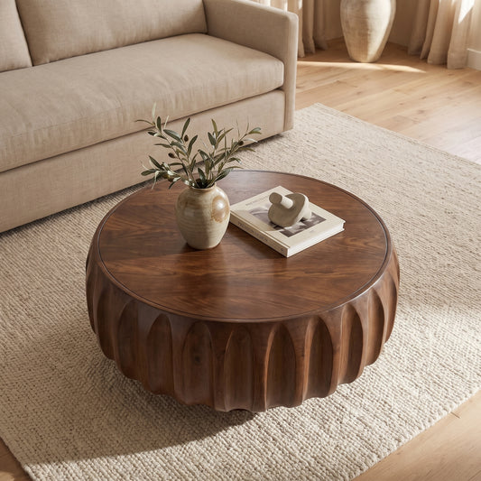 Elio Sculptural Round Coffee Table, Walnut