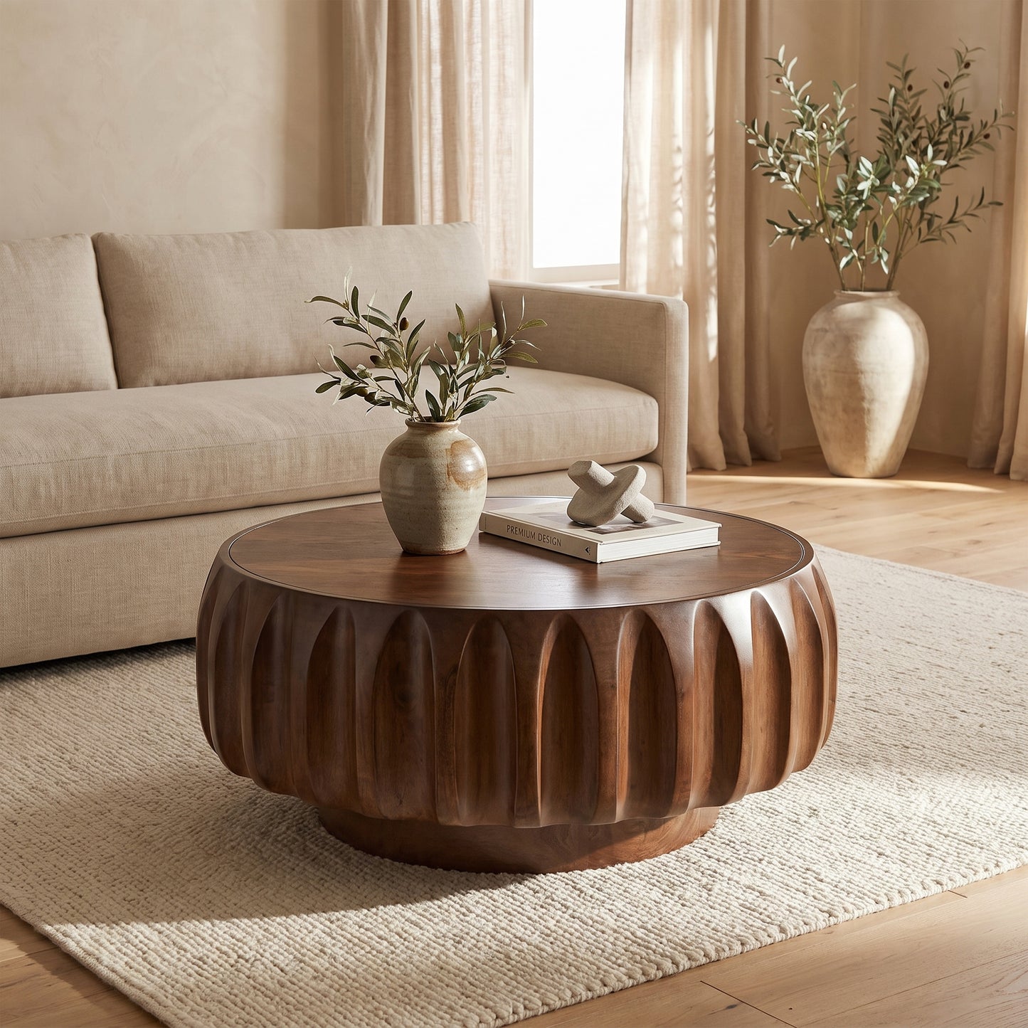 Elio Sculptural Round Coffee Table, Walnut