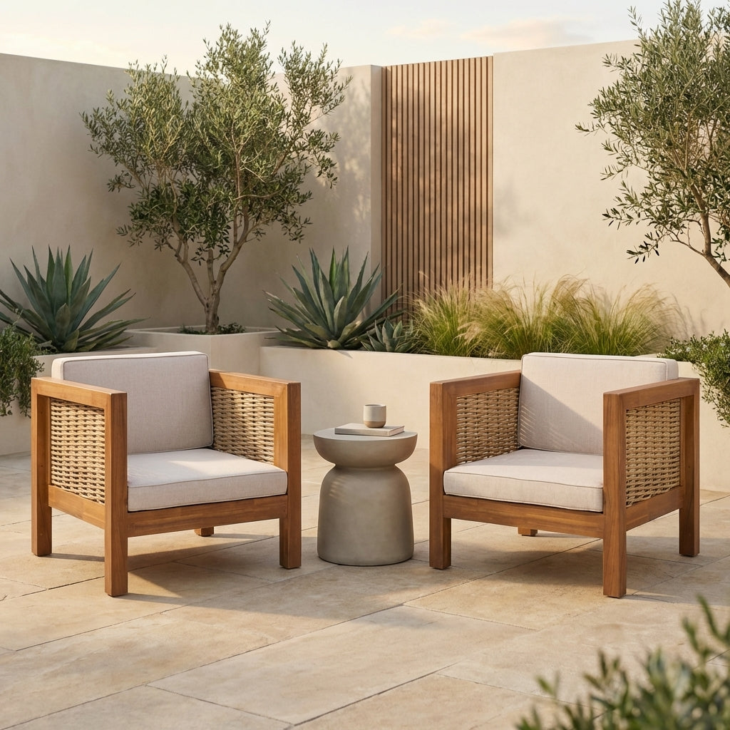 Evara Acacia & Woven Outdoor Club Chairs, Set of 2
