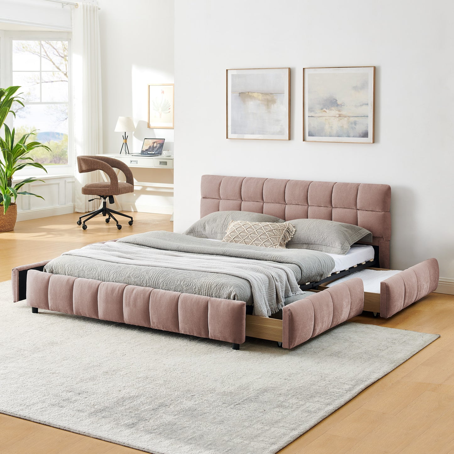 Aria Upholstered Storage Platform Queen Bed, Dust Pink
