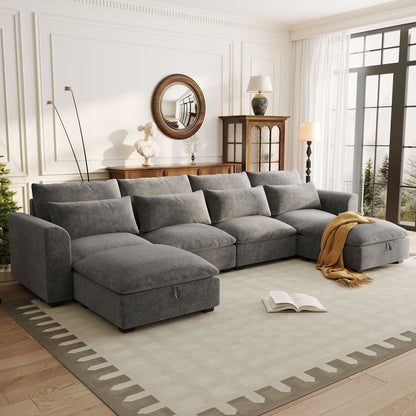 132” 6-Seat Modular U-Shaped Sectional Sofa with Storage Ottomans – Gray Linen Blend