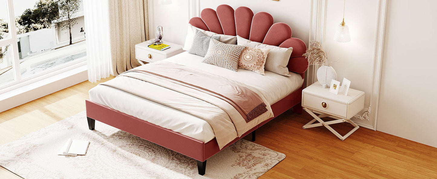 Pearl Velvet Upholstered Platform Queen Bed, Terracotta Red