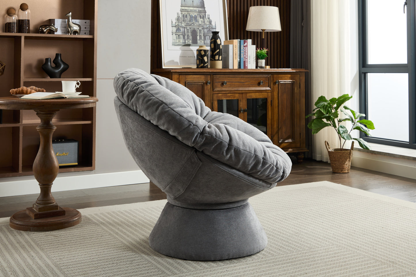 Oversized Papasan Swivel Accent Chair, Grey